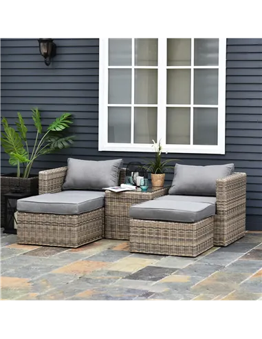 Outsunny 5 Piece Rattan Garden Furniture Set w/ 10cm Thick Cushions, Aluminium Frame Wicker Outdoor Balcony Sofa Set with Corner