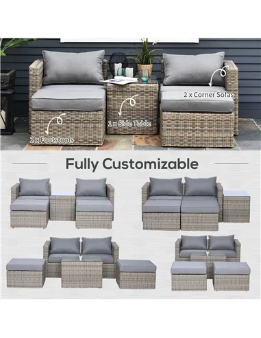 Outsunny 5 Piece Rattan Garden Furniture Set w/ 10cm Thick Cushions, Aluminium Frame Wicker Outdoor Balcony Sofa Set with Corner