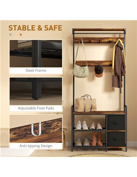 HOMCOM Industrial-Style Multi-Use Hallway Tree - Brown/Black