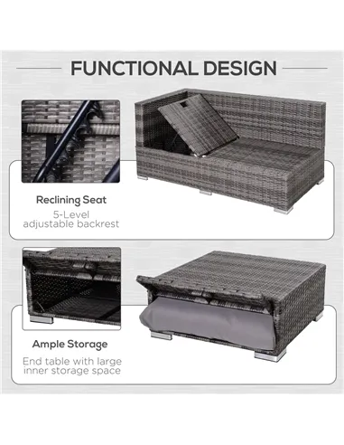 Outsunny 3PC Rattan Garden Furniture Storage Sofa Set 4 Seater Wicker Coffee Table Conservatory Sun Lounger Reclining Set Outdoo