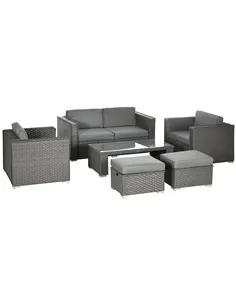 Outsunny 6PC Garden Rattan Sofa Set Bonzer Outdoor Furniture Patio Table Loveseat Stool Lounging Ottoman Aluminium Frame Wicker 