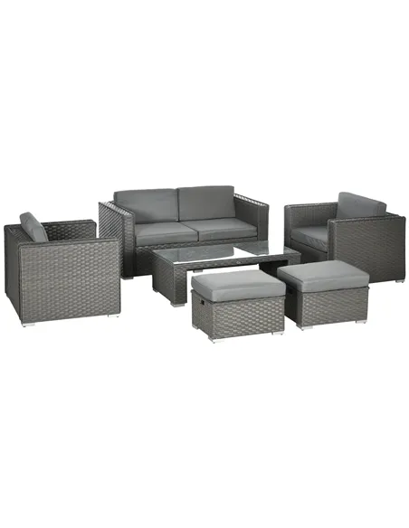 Outsunny 6PC Garden Rattan Sofa Set Bonzer Outdoor Furniture Patio Table Loveseat Stool Lounging Ottoman Aluminium Frame Wicker 
