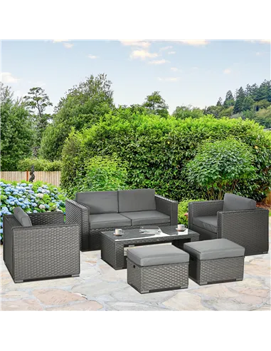 Outsunny 6PC Garden Rattan Sofa Set Bonzer Outdoor Furniture Patio Table Loveseat Stool Lounging Ottoman Aluminium Frame Wicker 