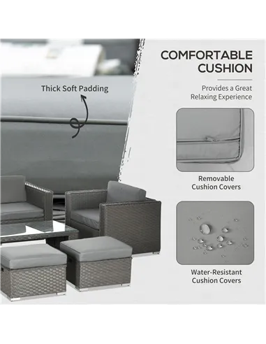 Outsunny 6PC Garden Rattan Sofa Set Bonzer Outdoor Furniture Patio Table Loveseat Stool Lounging Ottoman Aluminium Frame Wicker 