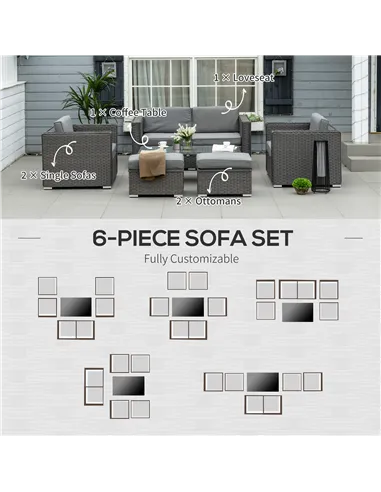 Outsunny 6PC Garden Rattan Sofa Set Bonzer Outdoor Furniture Patio Table Loveseat Stool Lounging Ottoman Aluminium Frame Wicker 