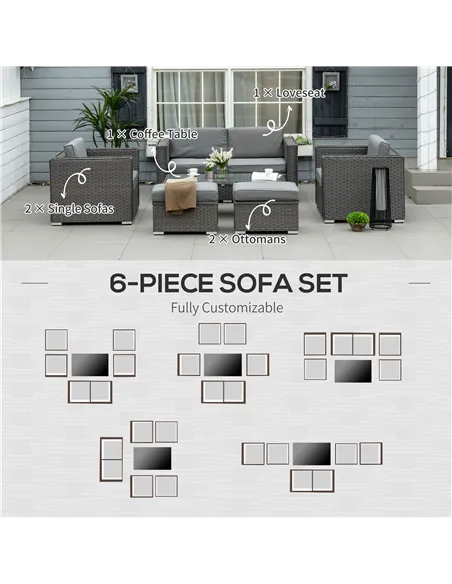 Outsunny 6PC Garden Rattan Sofa Set Bonzer Outdoor Furniture Patio Table Loveseat Stool Lounging Ottoman Aluminium Frame Wicker 