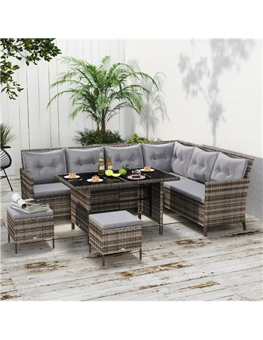 Outsunny 8 Seater Patio wicker Sofa Set ,Outdoor Couch with Table & Cushions, Grey