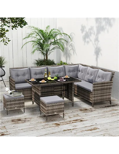 Outsunny 8 Seater Patio wicker Sofa Set ,Outdoor Couch with Table & Cushions, Grey