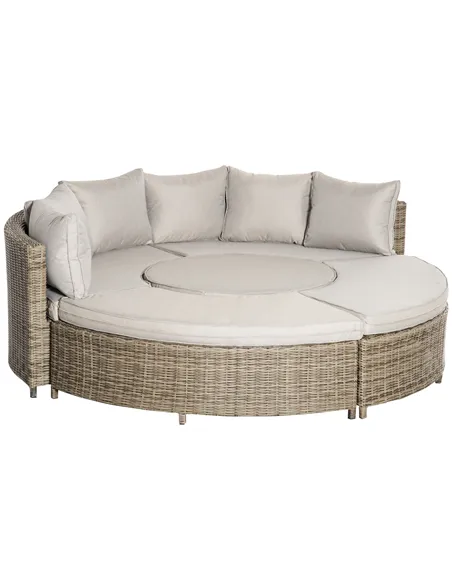 Outsunny 5 Pieces Outdoor PE Rattan Round Garden Daybed with Cushions, Aluminium Patio Furniture Set Lounge Chair Conversation S