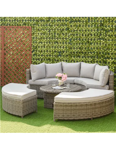 Outsunny 5 Pieces Outdoor PE Rattan Round Garden Daybed with Cushions, Aluminium Patio Furniture Set Lounge Chair Conversation S