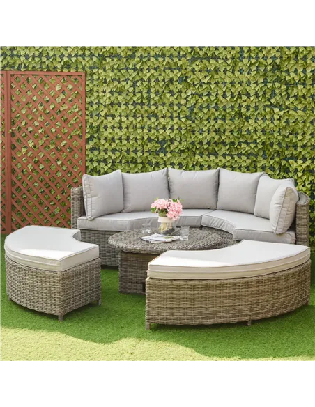 Outsunny 5 Pieces Outdoor PE Rattan Round Garden Daybed with Cushions, Aluminium Patio Furniture Set Lounge Chair Conversation S