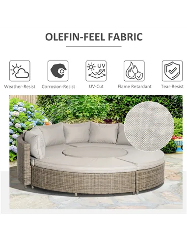 Outsunny 5 Pieces Outdoor PE Rattan Round Garden Daybed with Cushions, Aluminium Patio Furniture Set Lounge Chair Conversation S