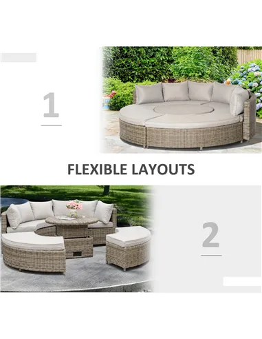 Outsunny 5 Pieces Outdoor PE Rattan Round Garden Daybed with Cushions, Aluminium Patio Furniture Set Lounge Chair Conversation S