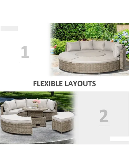 Outsunny 5 Pieces Outdoor PE Rattan Round Garden Daybed with Cushions, Aluminium Patio Furniture Set Lounge Chair Conversation S