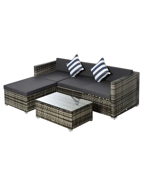 Outsunny 4-Seater Rattan Sofa Set Wicker Sectional Furniture Cushion Grey Garden