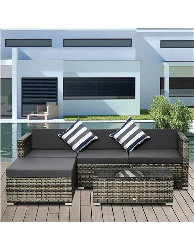 Outsunny 4-Seater Rattan Sofa Set Wicker Sectional Furniture Cushion Grey Garden