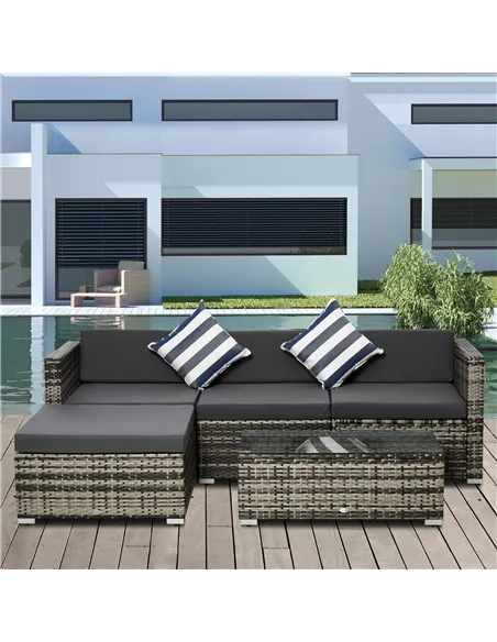 Outsunny 4-Seater Rattan Sofa Set Wicker Sectional Furniture Cushion Grey Garden