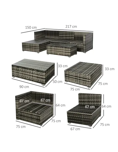 Outsunny 4-Seater Rattan Sofa Set Wicker Sectional Furniture Cushion Grey Garden