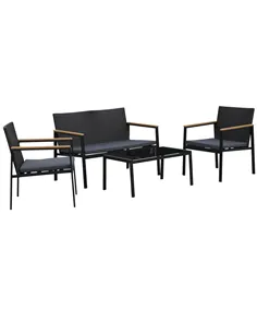 Outsunny 4 Pieces Rattan Garden Furniture Set, 4 Seater Garden Sofa Set with Loveseat, 2 Armchairs and Glass Top Coffee Table, W