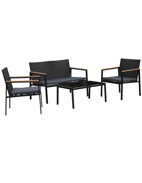 Outsunny 4 Pieces Rattan Garden Furniture Set, 4 Seater Garden Sofa Set with Loveseat, 2 Armchairs and Glass Top Coffee Table, W