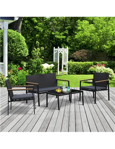 Outsunny 4 Pieces Rattan Garden Furniture Set, 4 Seater Garden Sofa Set with Loveseat, 2 Armchairs and Glass Top Coffee Table, W