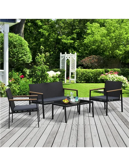 Outsunny 4 Pieces Rattan Garden Furniture Set, 4 Seater Garden Sofa Set with Loveseat, 2 Armchairs and Glass Top Coffee Table, W