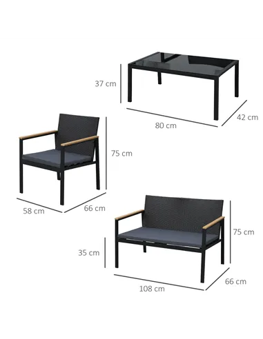 Outsunny 4 Pieces Rattan Garden Furniture Set, 4 Seater Garden Sofa Set with Loveseat, 2 Armchairs and Glass Top Coffee Table, W