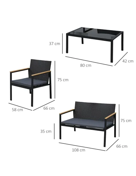 Outsunny 4 Pieces Rattan Garden Furniture Set, 4 Seater Garden Sofa Set with Loveseat, 2 Armchairs and Glass Top Coffee Table, W