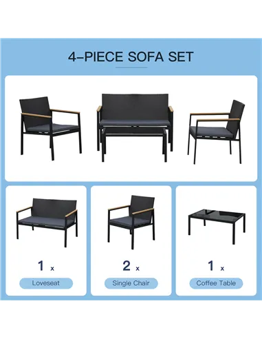 Outsunny 4 Pieces Rattan Garden Furniture Set, 4 Seater Garden Sofa Set with Loveseat, 2 Armchairs and Glass Top Coffee Table, W