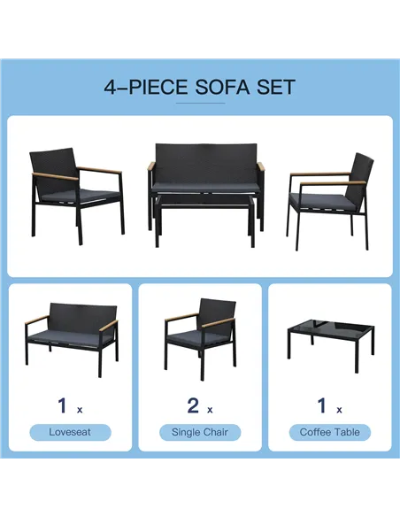 Outsunny 4 Pieces Rattan Garden Furniture Set, 4 Seater Garden Sofa Set with Loveseat, 2 Armchairs and Glass Top Coffee Table, W