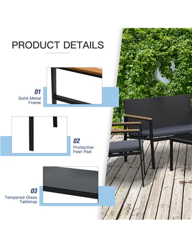 Outsunny 4 Pieces Rattan Garden Furniture Set, 4 Seater Garden Sofa Set with Loveseat, 2 Armchairs and Glass Top Coffee Table, W