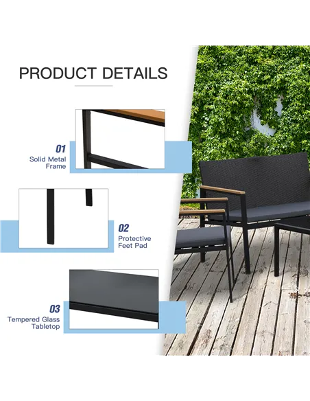 Outsunny 4 Pieces Rattan Garden Furniture Set, 4 Seater Garden Sofa Set with Loveseat, 2 Armchairs and Glass Top Coffee Table, W