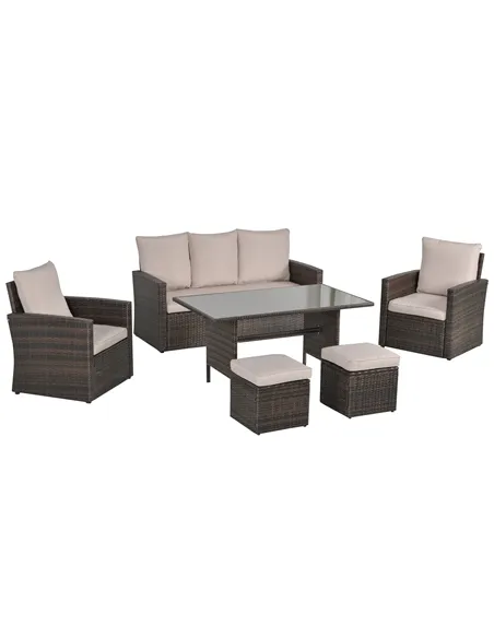 Outsunny Six-Piece Rattan Sofa Set, with Glass-Top Table - Mixed Brown