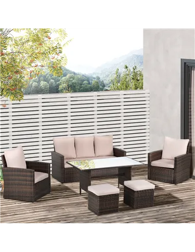 Outsunny Six-Piece Rattan Sofa Set, with Glass-Top Table - Mixed Brown