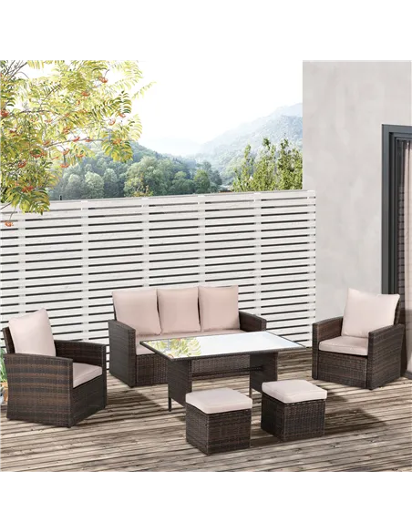 Outsunny Six-Piece Rattan Sofa Set, with Glass-Top Table - Mixed Brown