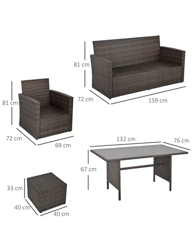 Outsunny Six-Piece Rattan Sofa Set, with Glass-Top Table - Mixed Brown