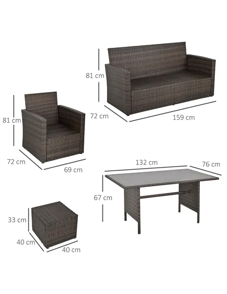 Outsunny Six-Piece Rattan Sofa Set, with Glass-Top Table - Mixed Brown