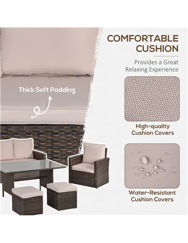 Outsunny Six-Piece Rattan Sofa Set, with Glass-Top Table - Mixed Brown