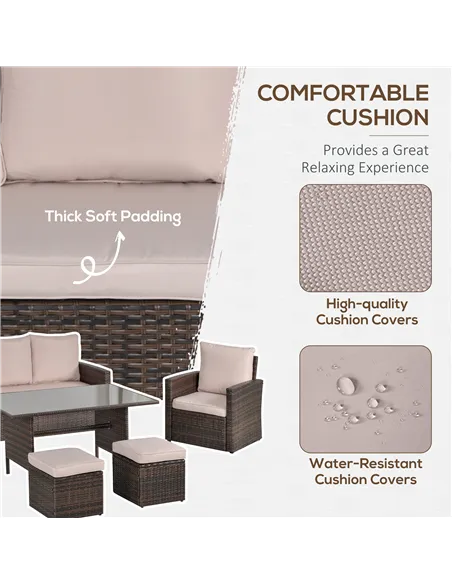 Outsunny Six-Piece Rattan Sofa Set, with Glass-Top Table - Mixed Brown
