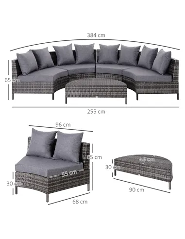 Outsunny 5 Pieces Rattan Garden Furniture Set, 4 Seater Half-Round Garden Sofa Set with Thickened Cushions, Wicker Conservatory 