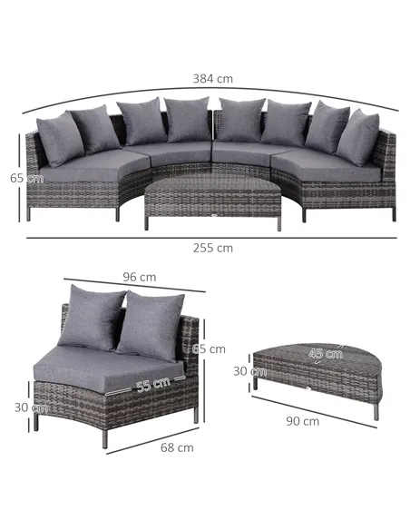 Outsunny 5 Pieces Rattan Garden Furniture Set, 4 Seater Half-Round Garden Sofa Set with Thickened Cushions, Wicker Conservatory 
