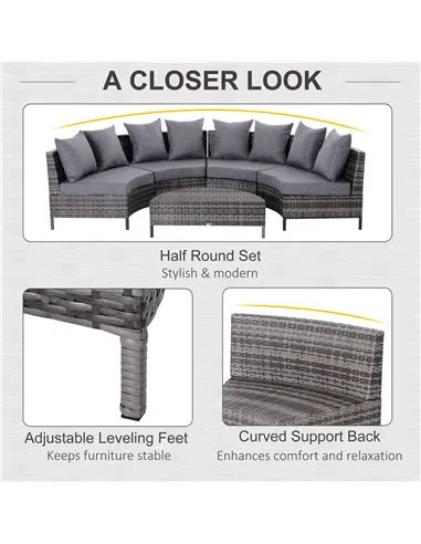 Outsunny 5 Pieces Rattan Garden Furniture Set, 4 Seater Half-Round Garden Sofa Set with Thickened Cushions, Wicker Conservatory 