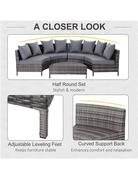 Outsunny 5 Pieces Rattan Garden Furniture Set, 4 Seater Half-Round Garden Sofa Set with Thickened Cushions, Wicker Conservatory 