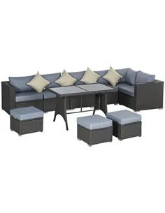 Outsunny 9-Seater Garden Rattan Furniture 10 Pcs Rattan Corner Dining Sofa Set, Grey/Dusty Blue Cushion