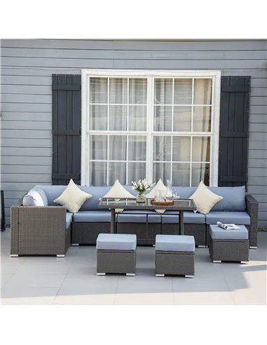 Outsunny 9-Seater Garden Rattan Furniture 10 Pcs Rattan Corner Dining Sofa Set, Grey/Dusty Blue Cushion