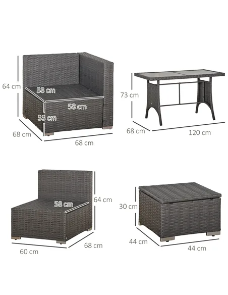 Outsunny 9-Seater Garden Rattan Furniture 10 Pcs Rattan Corner Dining Sofa Set, Grey/Dusty Blue Cushion