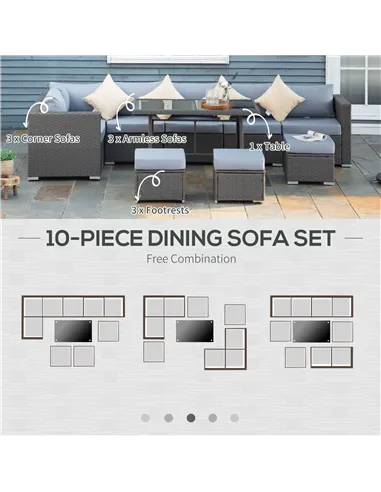 Outsunny 9-Seater Garden Rattan Furniture 10 Pcs Rattan Corner Dining Sofa Set, Grey/Dusty Blue Cushion