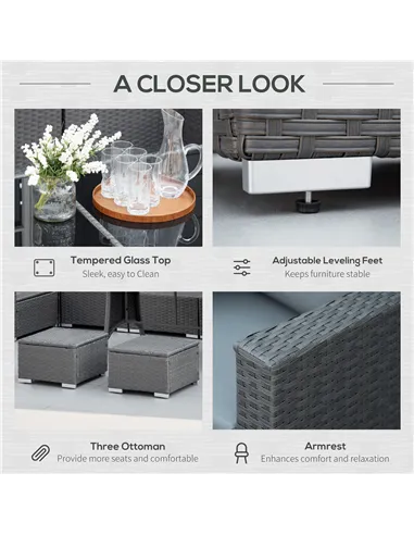 Outsunny 9-Seater Garden Rattan Furniture 10 Pcs Rattan Corner Dining Sofa Set, Grey/Dusty Blue Cushion