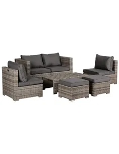 Outsunny 8 Pieces Rattan Garden Furniture Set, Garden Corner Sofa Set with 4 Chairs, 2 Footstools, 2 Coffee Tables and Cushions,