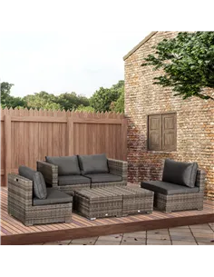 Outsunny 8 Pieces Rattan Garden Furniture Set, Garden Corner Sofa Set with 4 Chairs, 2 Footstools, 2 Coffee Tables and Cushions, 2